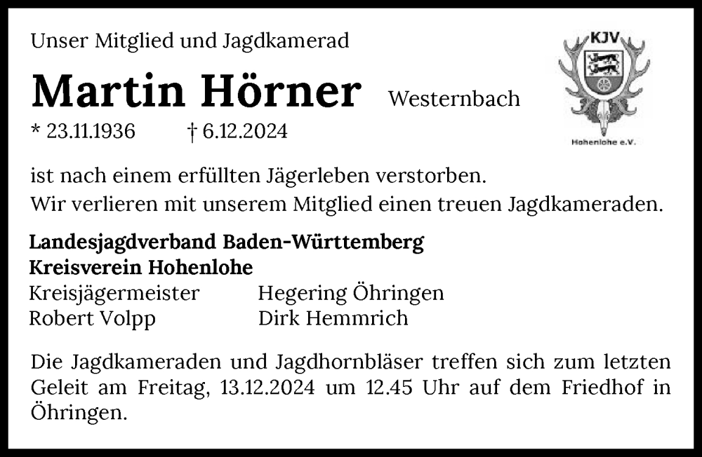  Traueranzeige für Martin Hörner vom 10.12.2024 aus GESAMT