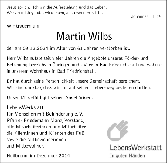 Traueranzeige von Martin Wilbs von GESAMT