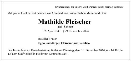 Traueranzeige von Mathilde Fleischer von GESAMT