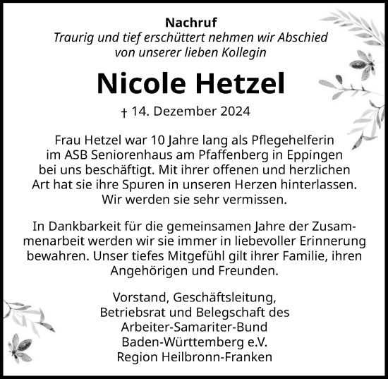 Traueranzeige von Nicole Hetzel von GESAMT