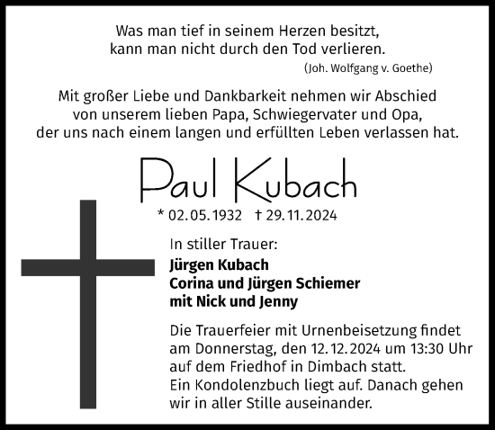 Traueranzeige von Paul Kubach von GESAMT