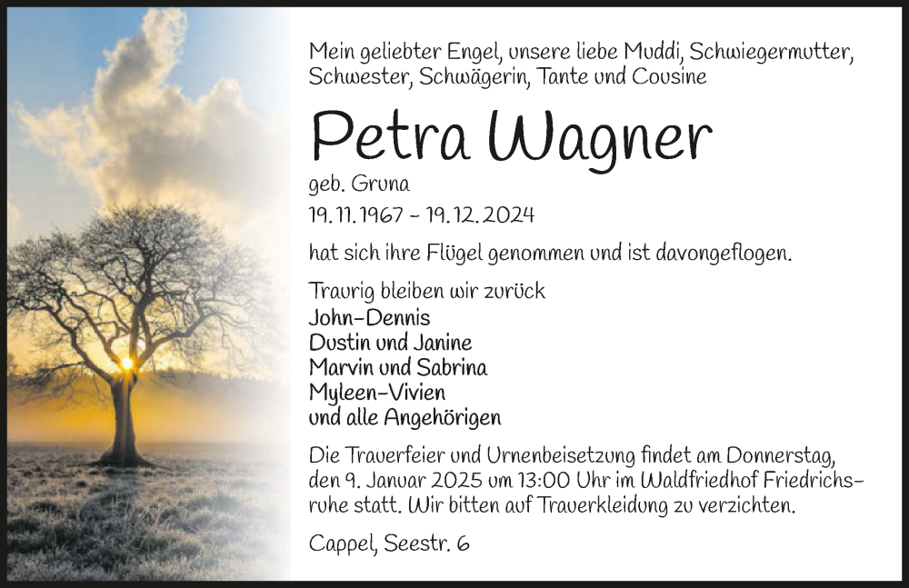  Traueranzeige für Petra Wagner vom 28.12.2024 aus GESAMT