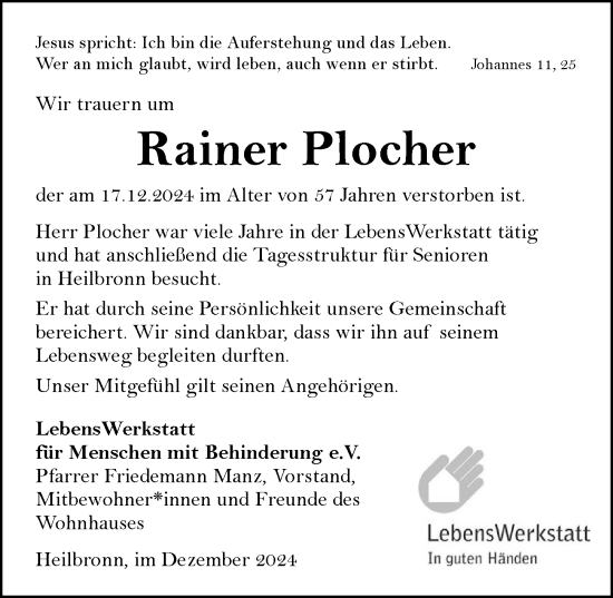 Traueranzeige von Rainer Plocher von GESAMT