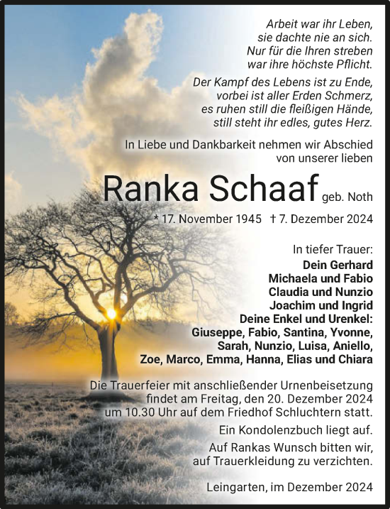 Traueranzeige von Ranka Schaaf von GESAMT