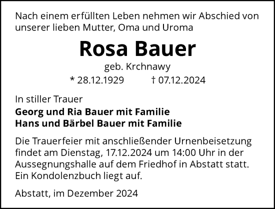 Traueranzeige von Rosa Bauer von GESAMT