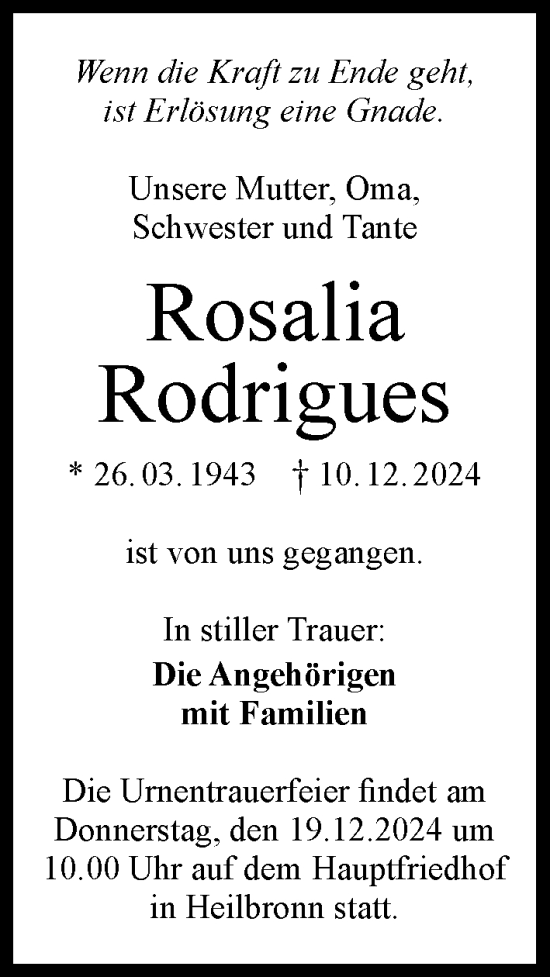 Traueranzeige von Rosalia Rodrigues von GESAMT