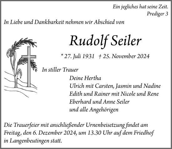 Traueranzeige von Rudolf Seiler von GESAMT