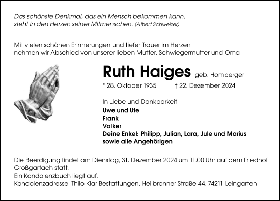 Traueranzeige von Ruth Haiges von GESAMT