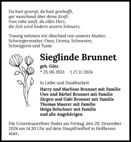 Traueranzeige von Sieglinde Brunnet von GESAMT