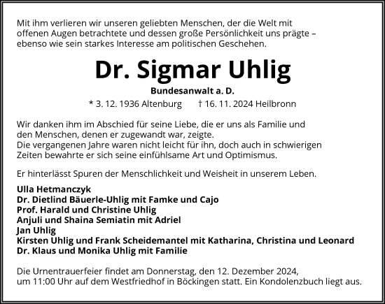 Traueranzeige von Sigmar Uhlig von GESAMT