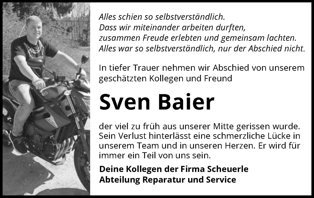  Traueranzeige für Sven Baier vom 28.12.2024 aus GESAMT