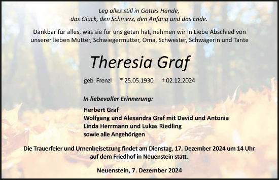 Traueranzeige von Theresia Graf von GESAMT