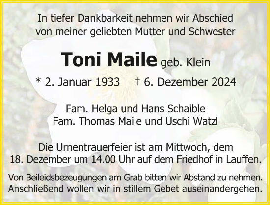 Traueranzeige von Toni Maile von GESAMT