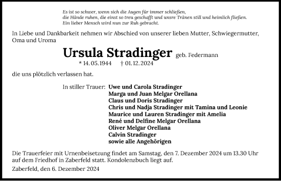 Traueranzeige von Ursula Stradinger von GESAMT