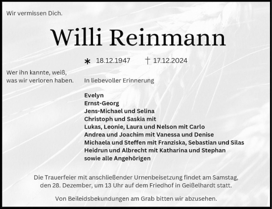 Traueranzeige von Willi Reinmann von GESAMT