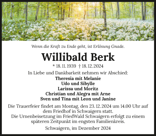 Traueranzeige von Willibald Berk von GESAMT