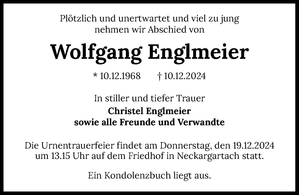  Traueranzeige für Wolfgang Englmeier vom 14.12.2024 aus GESAMT