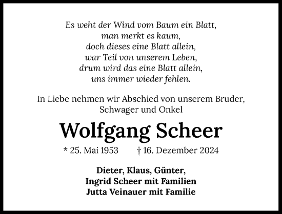 Traueranzeige von Wolfgang Scheer von GESAMT