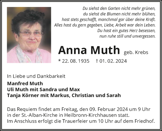 Traueranzeige von Anna Muth von GESAMT