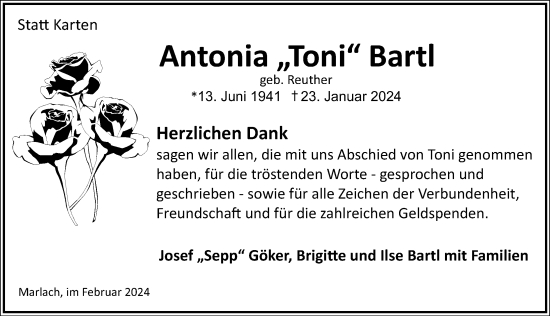 Traueranzeige von Antonia Bartl von GESAMT