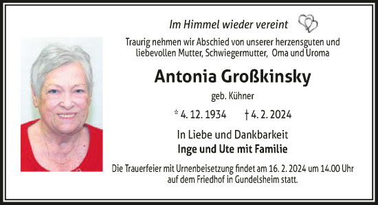 Traueranzeige von Antonia Großkinsky von GESAMT