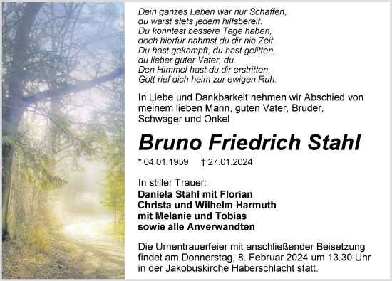 Traueranzeige von Bruno Friedrich Stahl von GESAMT