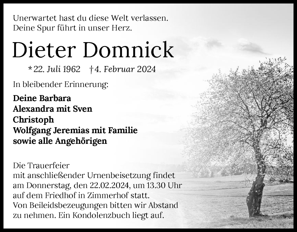  Traueranzeige für Dieter Domnick vom 17.02.2024 aus GESAMT