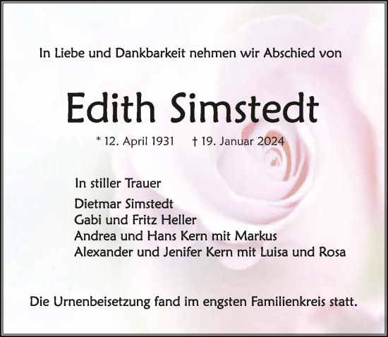 Traueranzeige von Edith Simstedt