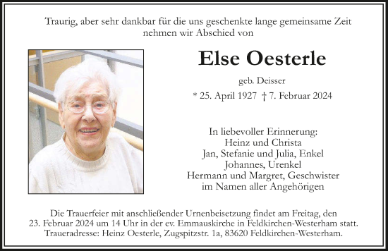 Traueranzeige von Else Oesterle von GESAMT