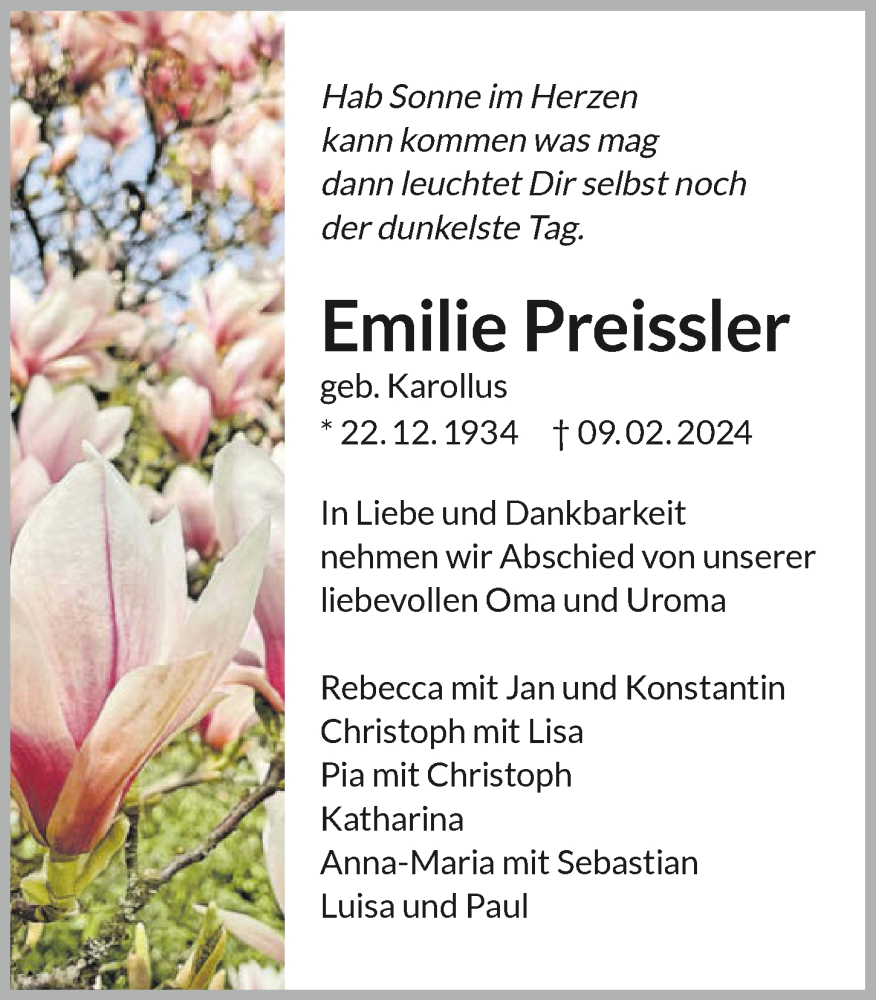 Traueranzeige für Emilie Preissler vom 14.02.2024 aus GESAMT