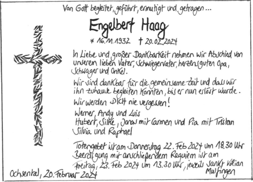  Traueranzeige für Engelbert Haag vom 21.02.2024 aus GESAMT