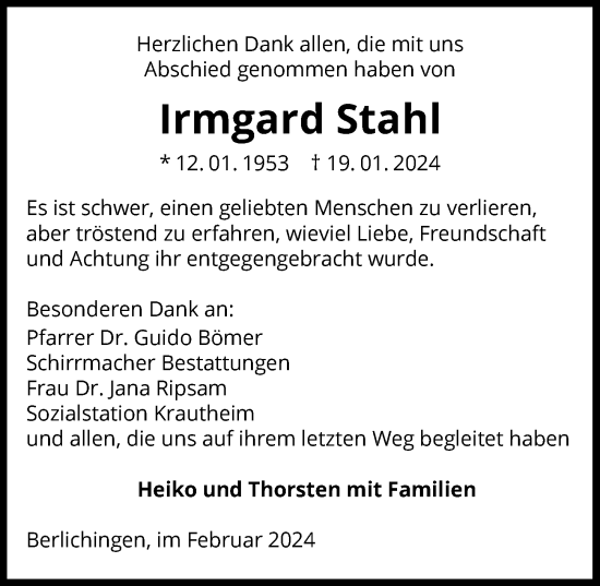 Traueranzeige von Irmgard Stahl von GESAMT