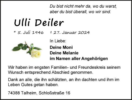 Traueranzeige von Ulli Deiler von GESAMT