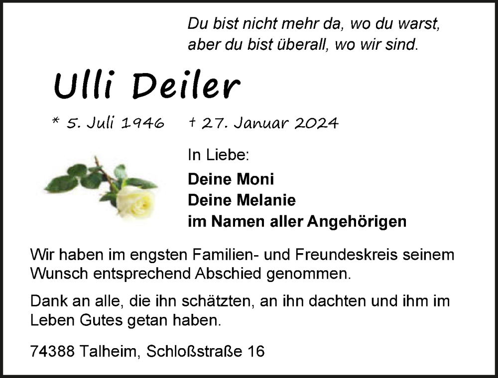  Traueranzeige für Ulli Deiler vom 10.02.2024 aus GESAMT