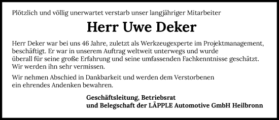 Traueranzeige von Uwe Deker von GESAMT