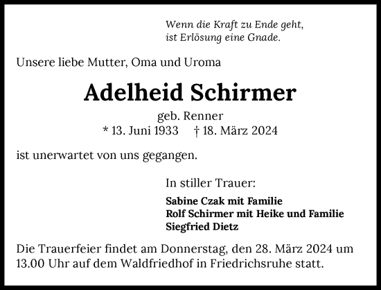 Traueranzeige von Adelheid Schirmer von GESAMT