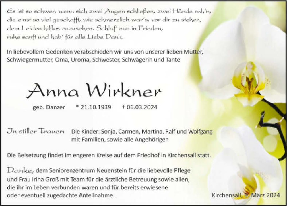  Traueranzeige für Anna Wirkner vom 09.03.2024 aus GESAMT