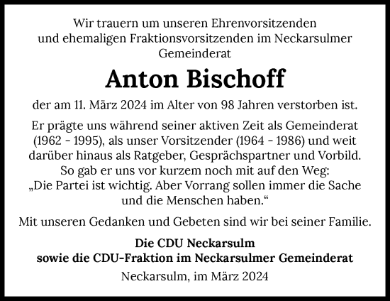 Traueranzeige von Anton Bischoff von GESAMT