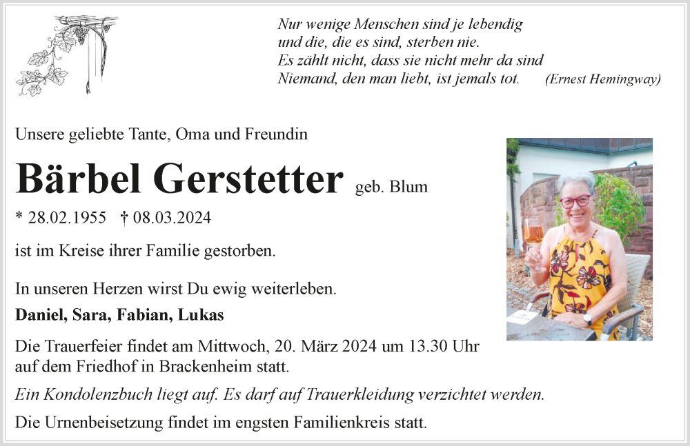  Traueranzeige für Bärbel Gerstetter vom 16.03.2024 aus GESAMT