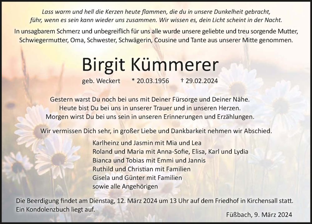  Traueranzeige für Birgit Kümmerer vom 09.03.2024 aus GESAMT
