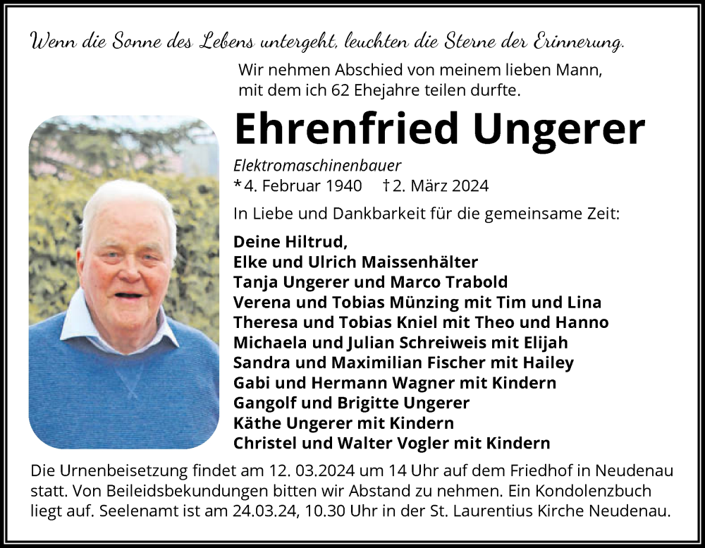  Traueranzeige für Ehrenfried Ungerer vom 09.03.2024 aus GESAMT