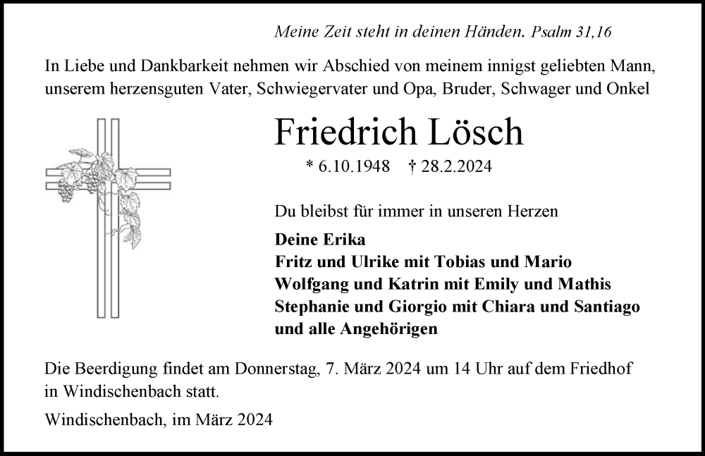  Traueranzeige für Friedrich Lösch vom 02.03.2024 aus GESAMT