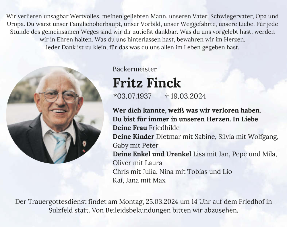  Traueranzeige für Fritz Finck vom 22.03.2024 aus GESAMT