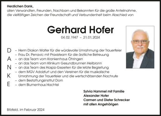 Traueranzeige von Gerhard Hofer von GESAMT