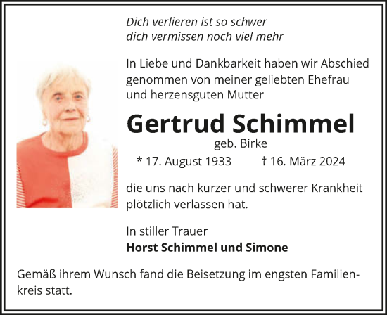 Traueranzeige von Gertrud Schimmel von GESAMT