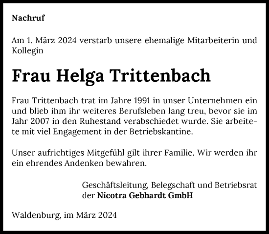 Traueranzeige von Helga Trittenbach von GESAMT