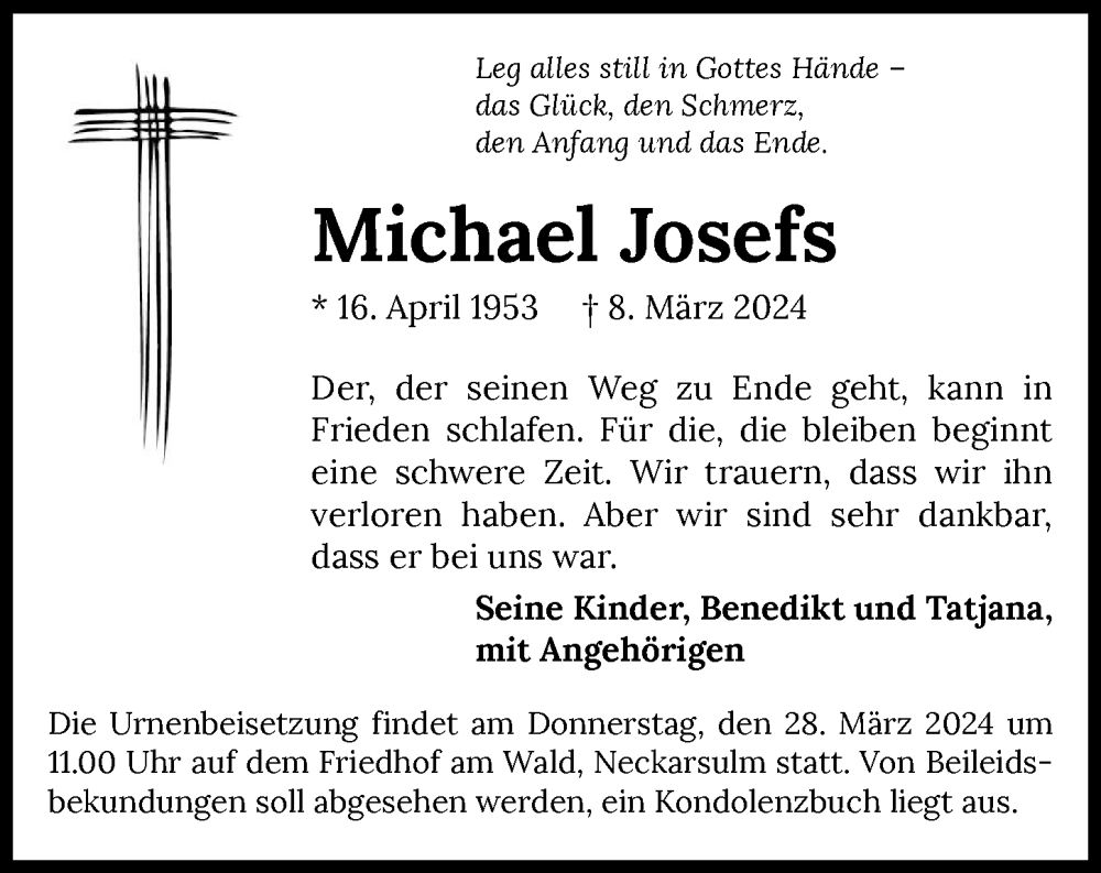  Traueranzeige für Michael Josefs vom 16.03.2024 aus GESAMT