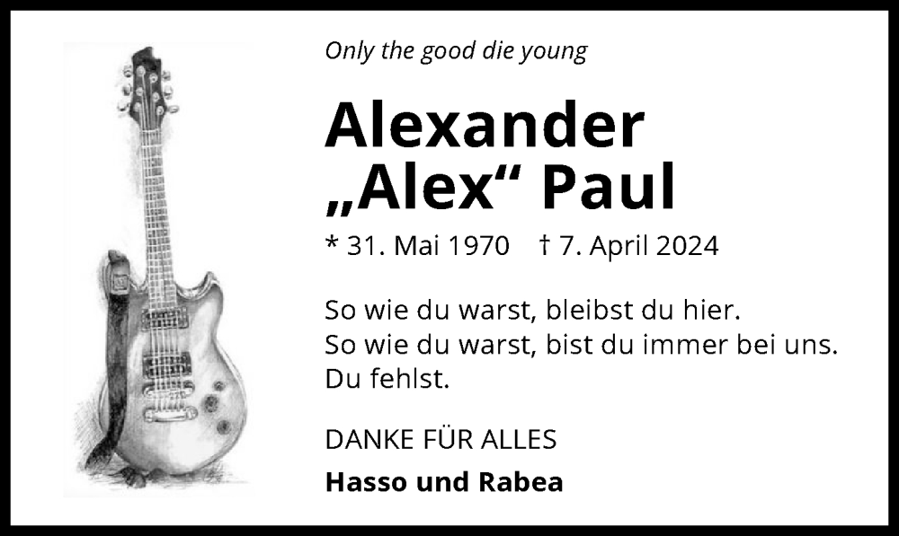  Traueranzeige für Alexander Paul vom 13.04.2024 aus GESAMT