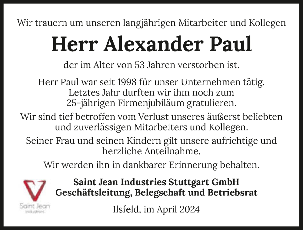  Traueranzeige für Alexander Paul vom 13.04.2024 aus GESAMT