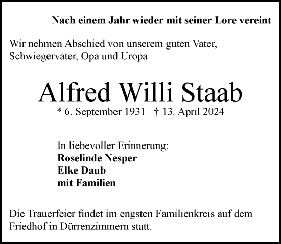 Traueranzeige von Alfred Willi Staab von GESAMT